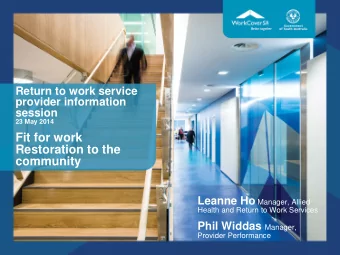 Fit for work  Restoration to the  community Leanne Ho Manager, Allied  Health and Return to Work