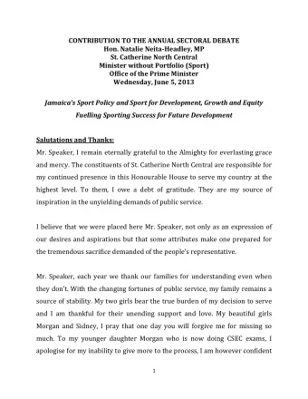 CONTRIBUTION TO THE ANNUAL SECTORAL DEBATE Hon. Natalie Neita  Headley, MP St. Catherine North
