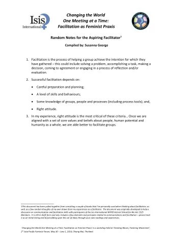 Changing the World  One Meeting at a Time:  Facilitation as Feminist Praxis Random Notes for the