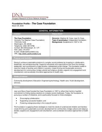 DNA___________ Prospect Research &amp; Donor Network Analysis SM Foundation Profile  The Case