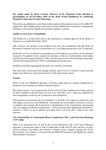 Key points made by Fiona Crocker, Director of the Financial Crime Division at  presentations on 28
