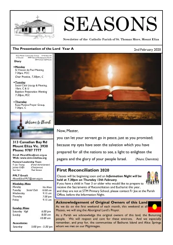 SEASONS Newsletter of the  Catholic Parish of St. Thomas More, Mount Eliza  The Presentation of the