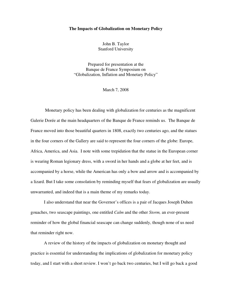 the impacts of globalization on monetary policy john b