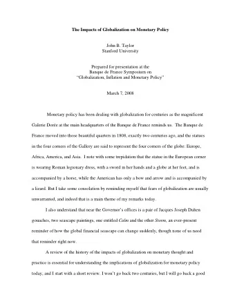 The Impacts of Globalization on Monetary Policy  John B. Taylor  Stanford University  Prepared for