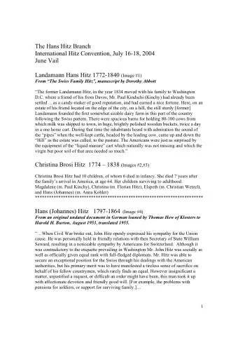 The Hans Hitz Branch  International Hitz Convention, July 16-18, 2004  June Vail Landamann Hans