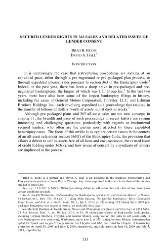 SECURED LENDER RIGHTS IN 363 SALES AND RELATED ISSUES OF  LENDER CONSENT B RAD B. E RENS D AVID A.