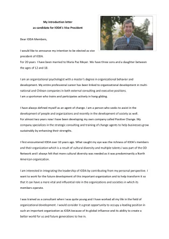 My introduction letter as candidate for IODA  s Vice President  Dear IODA Members,  I would like