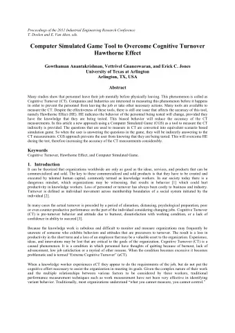 Computer Simulated Game Tool to Overcome Cognitive Turnover  Hawthorne Effect  Gowthaman