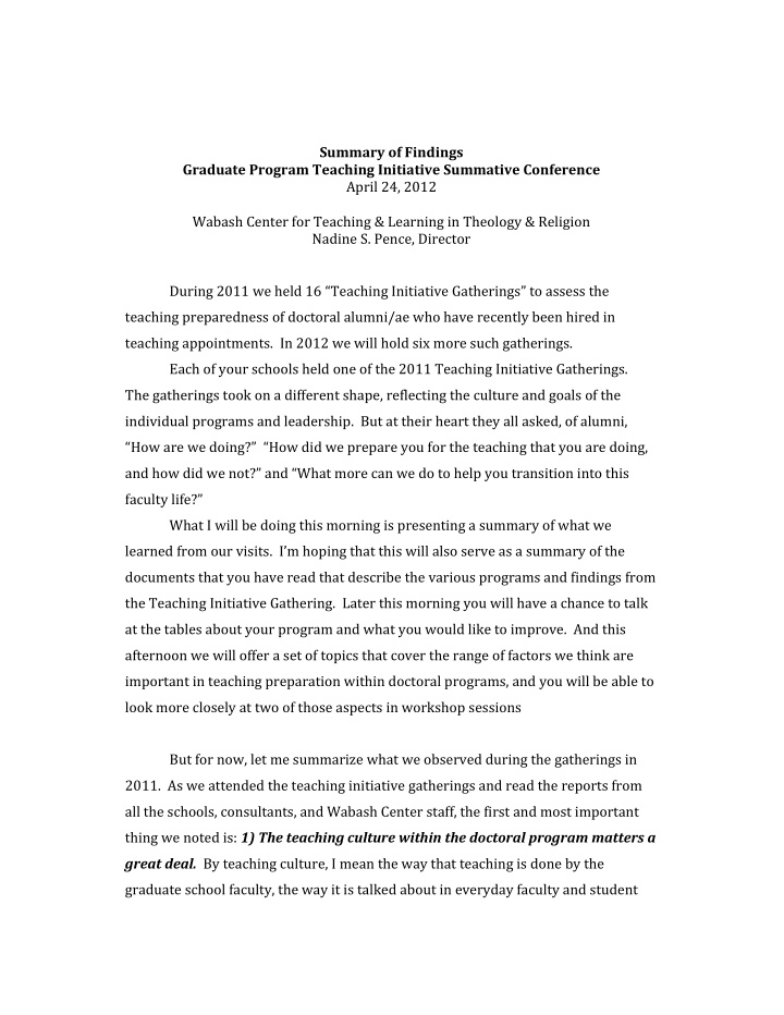 summary of findings graduate program teaching initiative