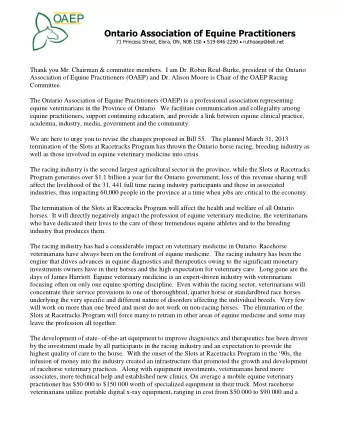 Ontario Association of Equine Practitioners 71 Princess Street, Elora, ON, N0B 1S0  519-846-2290