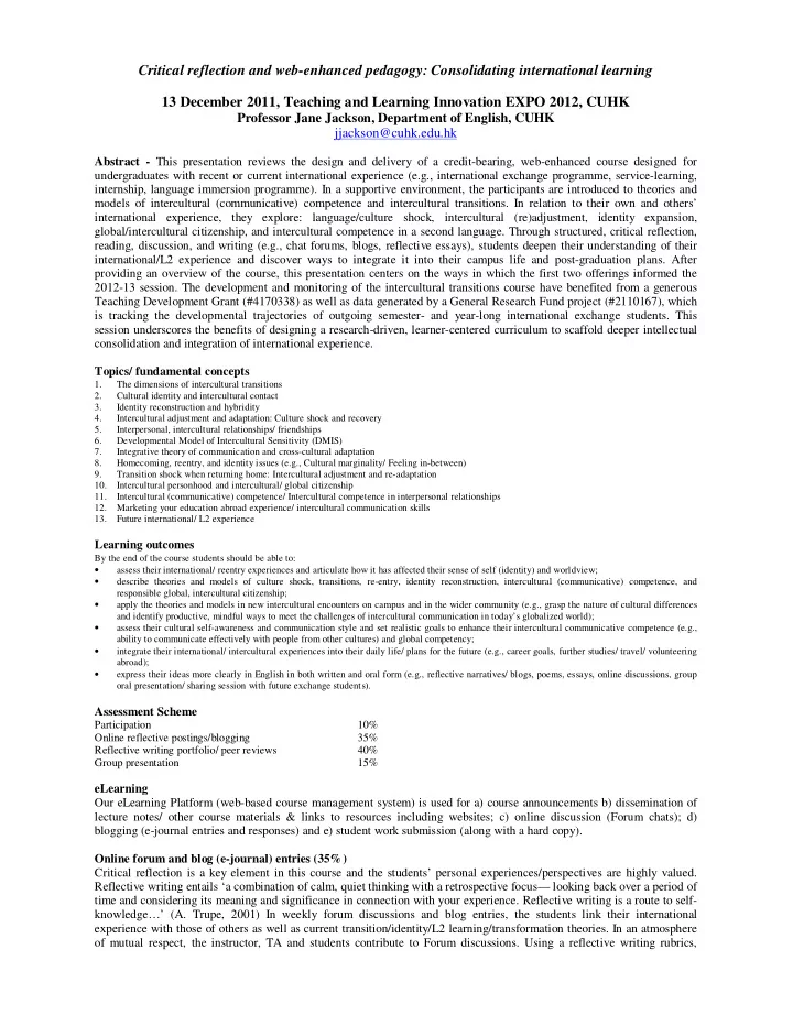 critical reflection and web enhanced pedagogy