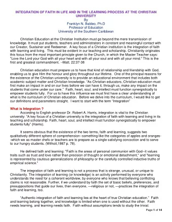 INTEGRATION OF FAITH IN LIFE AND IN THE LEARNING PROCESS AT THE CHRISTIAN  UNIVERSITY  By  Franklyn