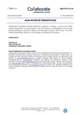 AGM INVESTOR PRESENTATION  Collaborate Corporation Limited (ASX:CL8) is pleased to release a copy