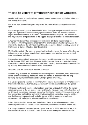 TRYING TO VERIFY THE &quot;PROPER&quot; GENDER OF ATHLETES  Gender verification is a serious issue,