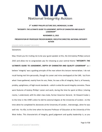 3 rd AUBREY PHILLIPS LECTURE 2015, MONEAGUE, St ANN  INTEGRITY: THE ULTIMATE GUIDE TO JUDGEMENT,