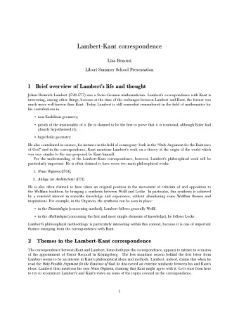 Lambert-Kant correspondence  Lisa Benossi  Libori Summer School Presentation  1  Brief overview of