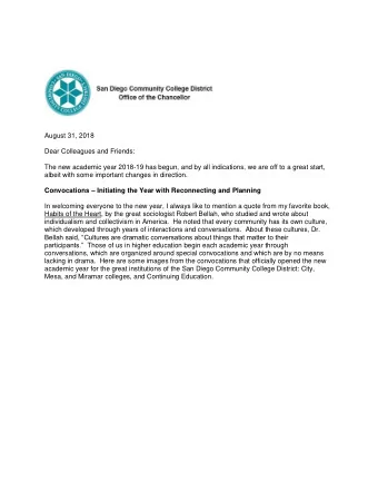 August 31, 2018  Dear Colleagues and Friends:  The new academic year 2018-19 has begun, and by all