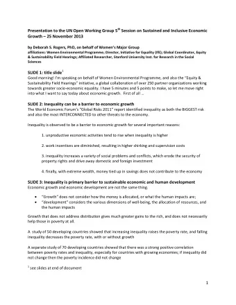 Presentation to the UN Open Working Group 5 th Session on Sustained and Inclusive Economic Growth