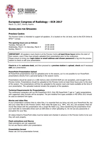 European Congress of Radiology  ECR 2017  March 1-5, 2017, Vienna, Austria G UIDELINES FOR S