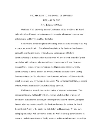 USC ADDRESS TO THE BOARD OF TRUSTEES  JANUARY 24, 2013  Joyce Tolliver, UI-Urbana  On behalf of the