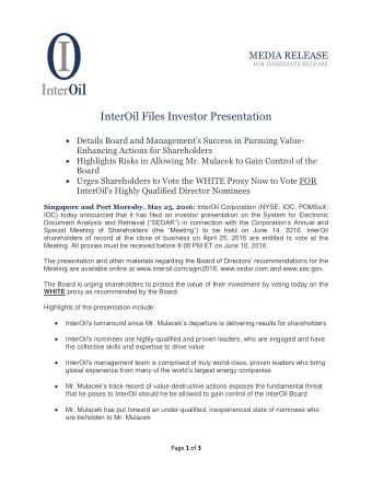 InterOil Files Investor Presentation  Details Board and Managements Success in Pursuing Value