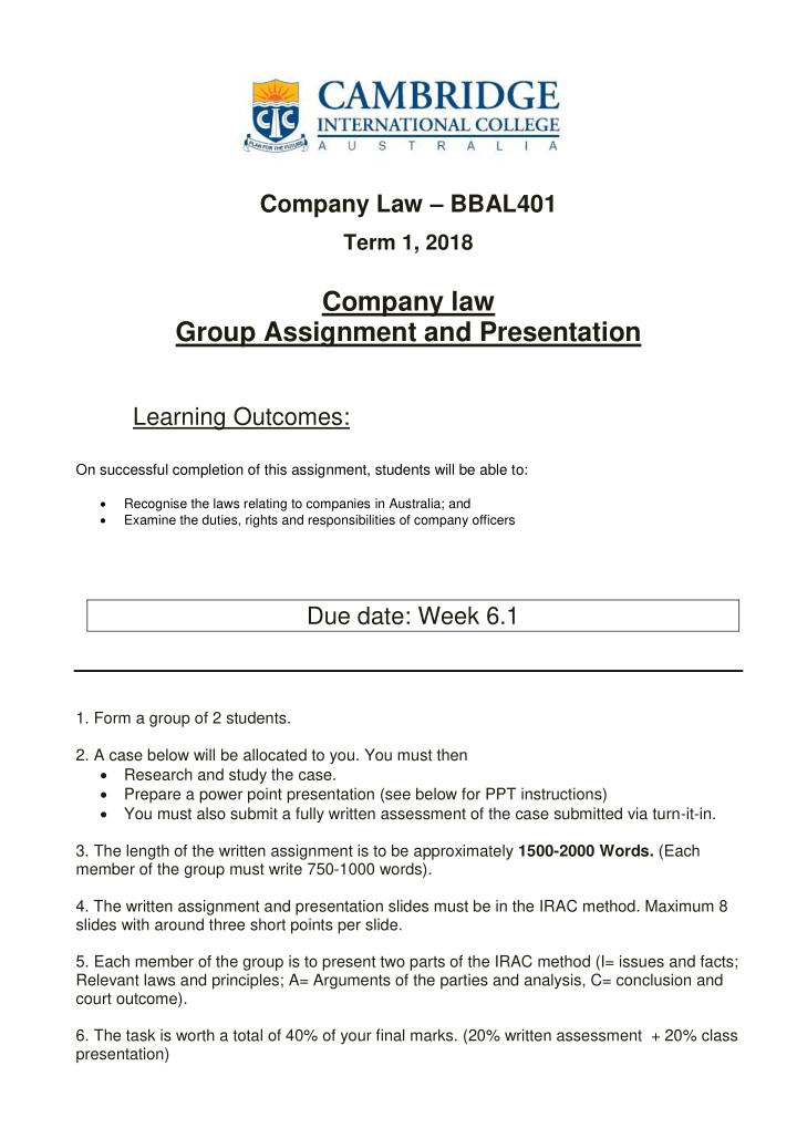 company law bbal401 term 1 2018 company law group