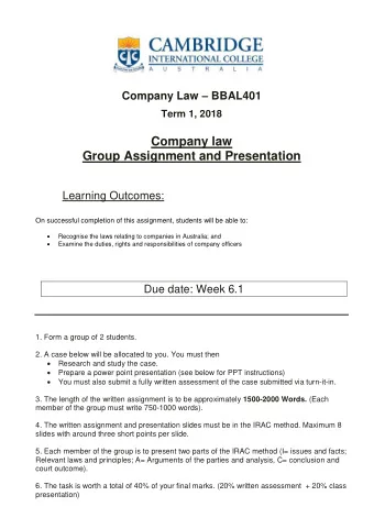 Company Law  BBAL401 Term 1, 2018  Company law  Group Assignment and Presentation  Learning