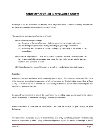 CONTEMPT OF COURT IN SPECIALIZED COURTS  Contempt of court is a common law doctrine which empowers