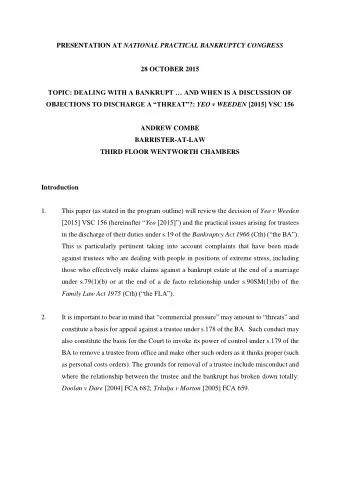 PRESENTATION AT NATIONAL PRACTICAL BANKRUPTCY CONGRESS  28 OCTOBER 2015  TOPIC: DEALING WITH A