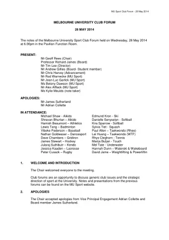 MELBOURNE UNIVERSITY CLUB FORUM  28 MAY 2014  The notes of the Melbourne University Sport Club