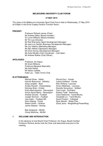 MELBOURNE UNIVERSITY CLUB FORUM 27 MAY 2015  The notes of the Melbourne University Sport Club Forum