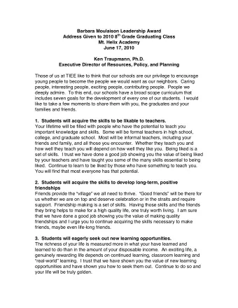 Barbara Moulaison Leadership Award Address Given to 2010 8 th Grade Graduating Class  Mt. Helix