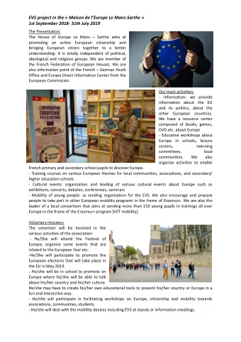 EVS project in the  Maison de lEurope Le Mans -Sarthe   1st September 2018- 31th July 2019