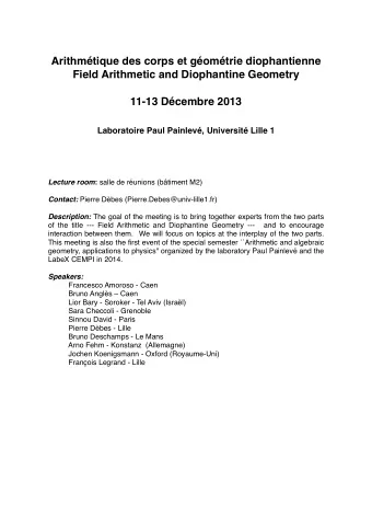 Arithmtique des corps et gomtrie diophantienne  Field Arithmetic and Diophantine Geometry