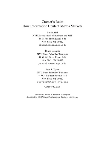 Cramers Rule:  How Information Content Moves Markets  Sinan Aral  NYU Stern School of Business