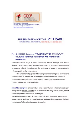 PRESENTATION OF THE 2 nd H&amp; m H INTERNATIONAL CONFERENCE , KOS (GREECE), 3-4-5  OCTOBER  2005