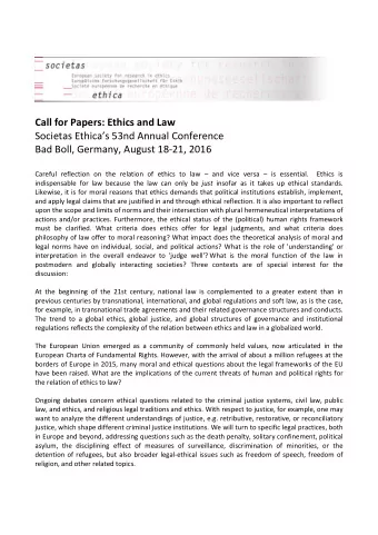 Call for Papers: Ethics and Law Societas Ethicas 53nd Annual Conference Bad Boll, Germany,
