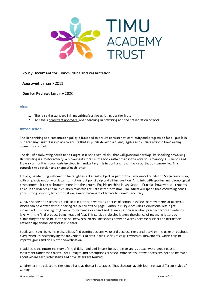 policy document for handwriting and presentation approved