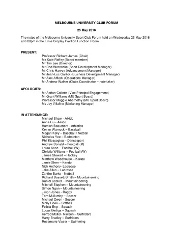 MELBOURNE UNIVERSITY CLUB FORUM 25 May 2016  The notes of the Melbourne University Sport Club Forum