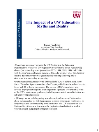 The Impact of a UW Education  Myths and Reality  Frank Goldberg  Associate Vice President  Office