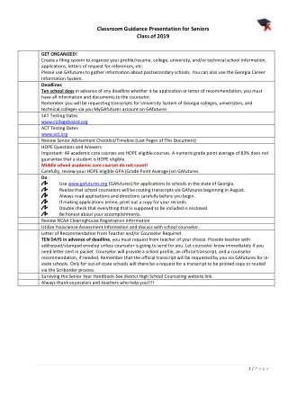 Classroom Guidance Presentation for Seniors  Class of 2019  GET ORGANIZED!  Create a filing system