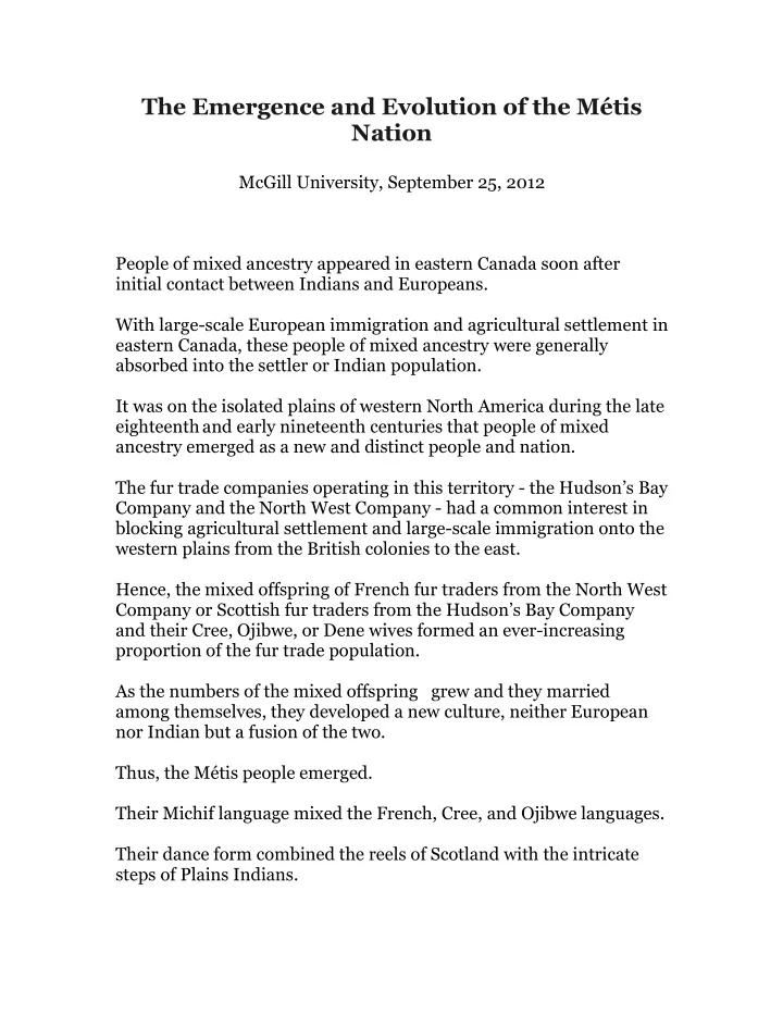 the emergence and evolution of the m tis nation