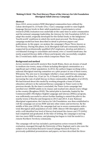 Making It Stick. The Post-literacy Phase of the Literacy for Life Foundation  Aboriginal