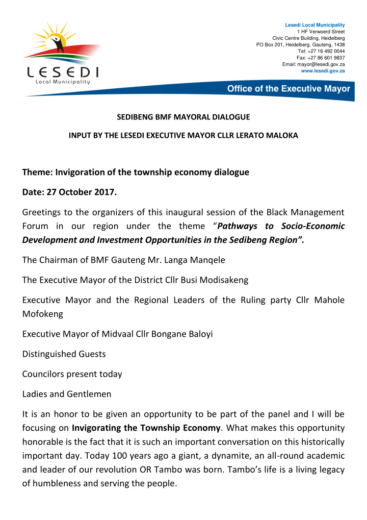 theme invigoration of the township economy dialogue date
