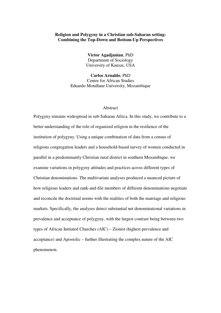 religion and polygyny in a christian sub saharan setting