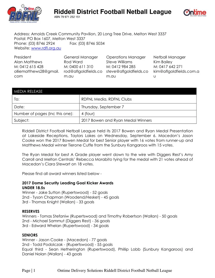 riddell district football netball league