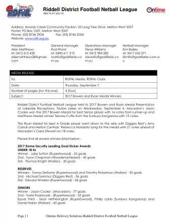 Riddell District Football Netball League  ABN 79 971 252 151  Address: Arnolds Creek Community
