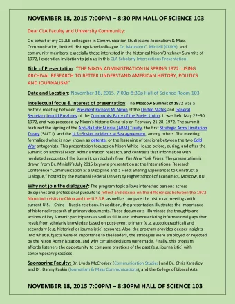 NOVEMBER 18, 2015 7:00PM  8:30 PM HALL OF SCIENCE 103  Dear CLA Faculty and University