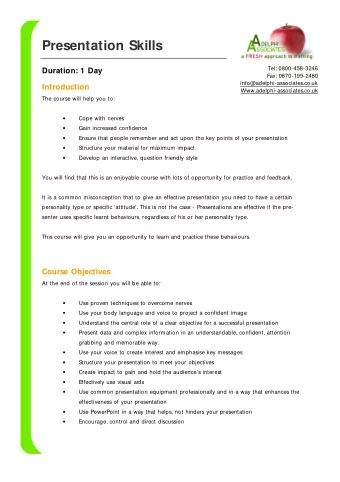 Presentation Skills  Tel: 0800-458-3246  Duration: 1 Day  Fax: 0870-199-2480