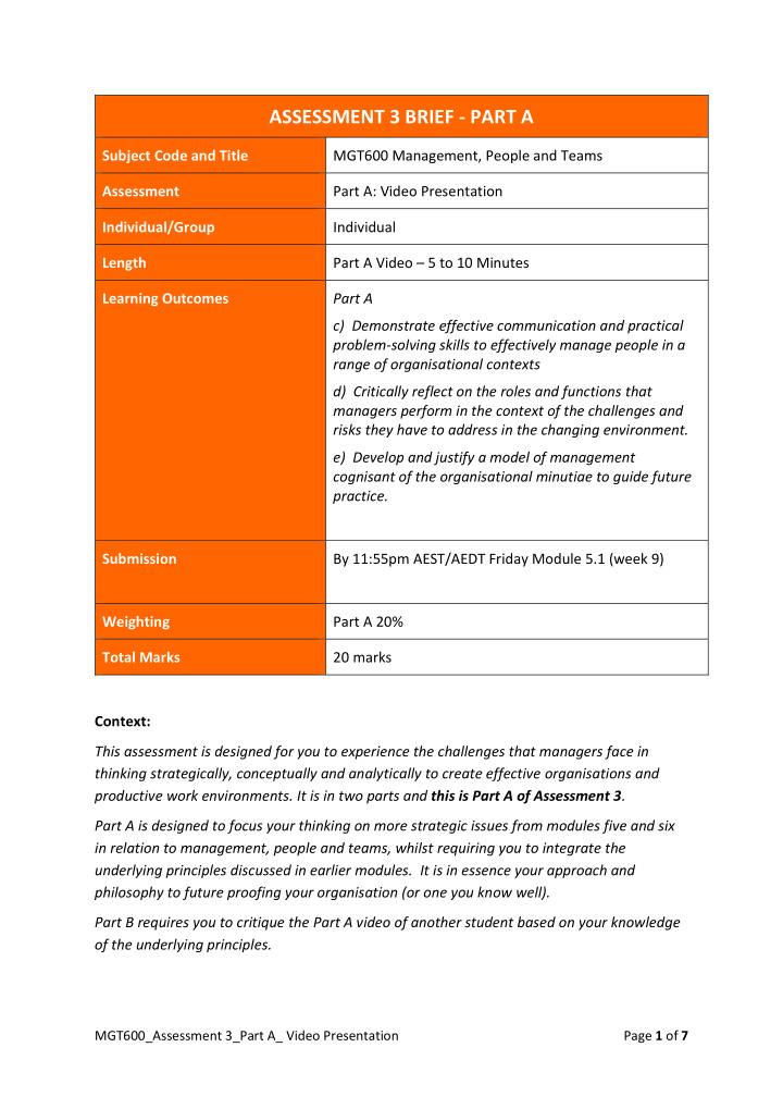 assessment 3 brief part a